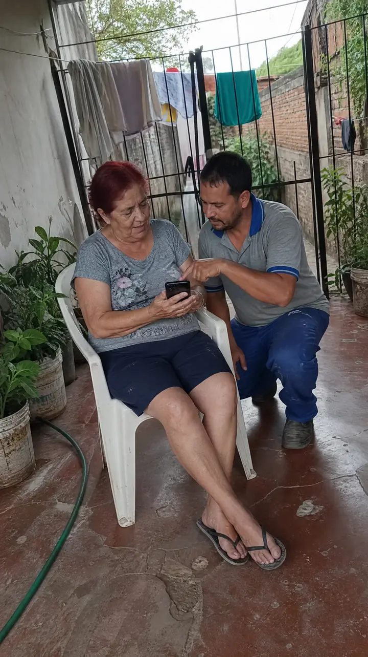 Mãe sentada na varanda enquanto o filho, agachado ao lado, mostra o celular a ela