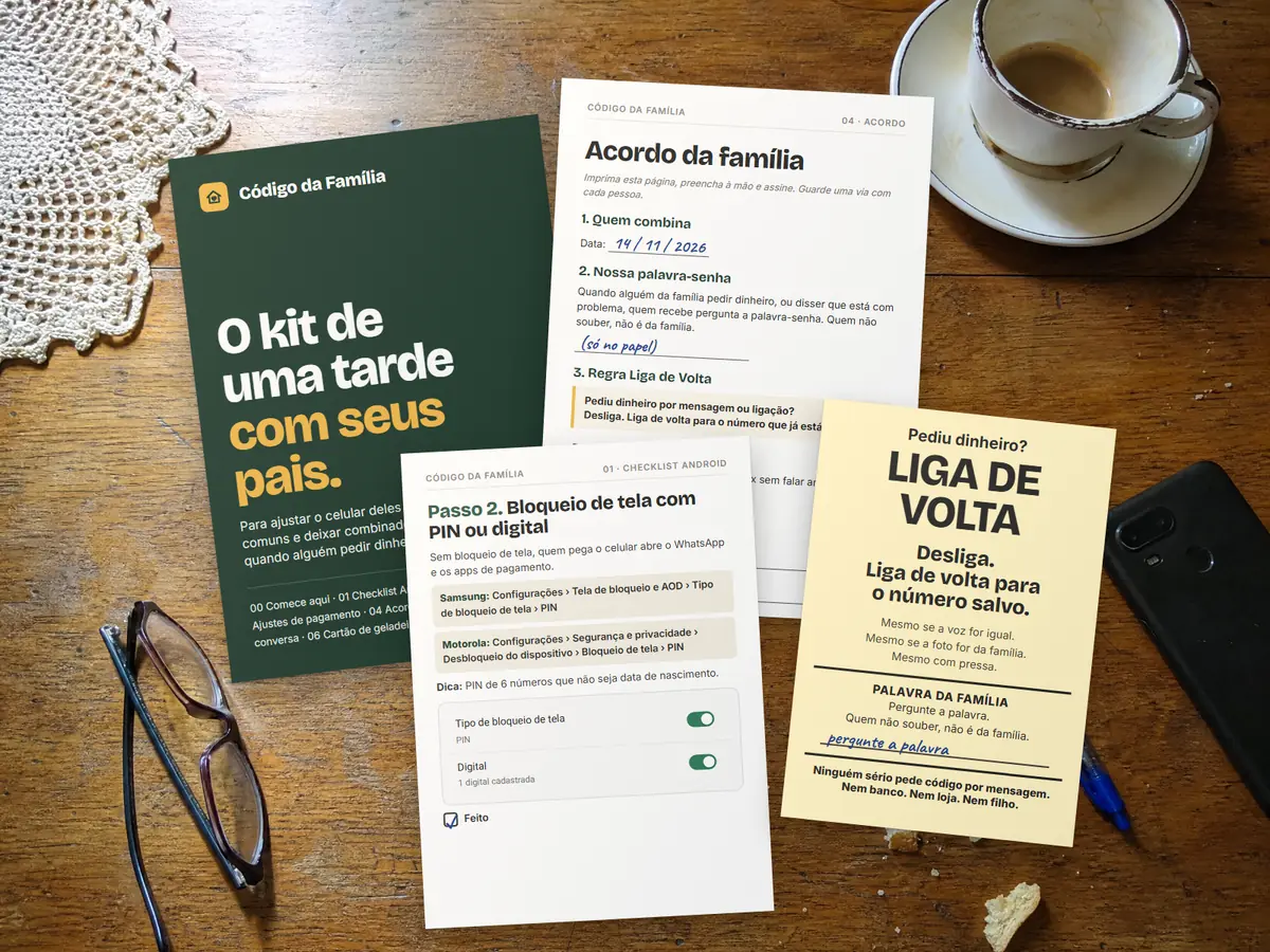 O kit impresso sobre uma mesa de madeira: capa, acordo da família, checklist do Android e cartão Liga de Volta